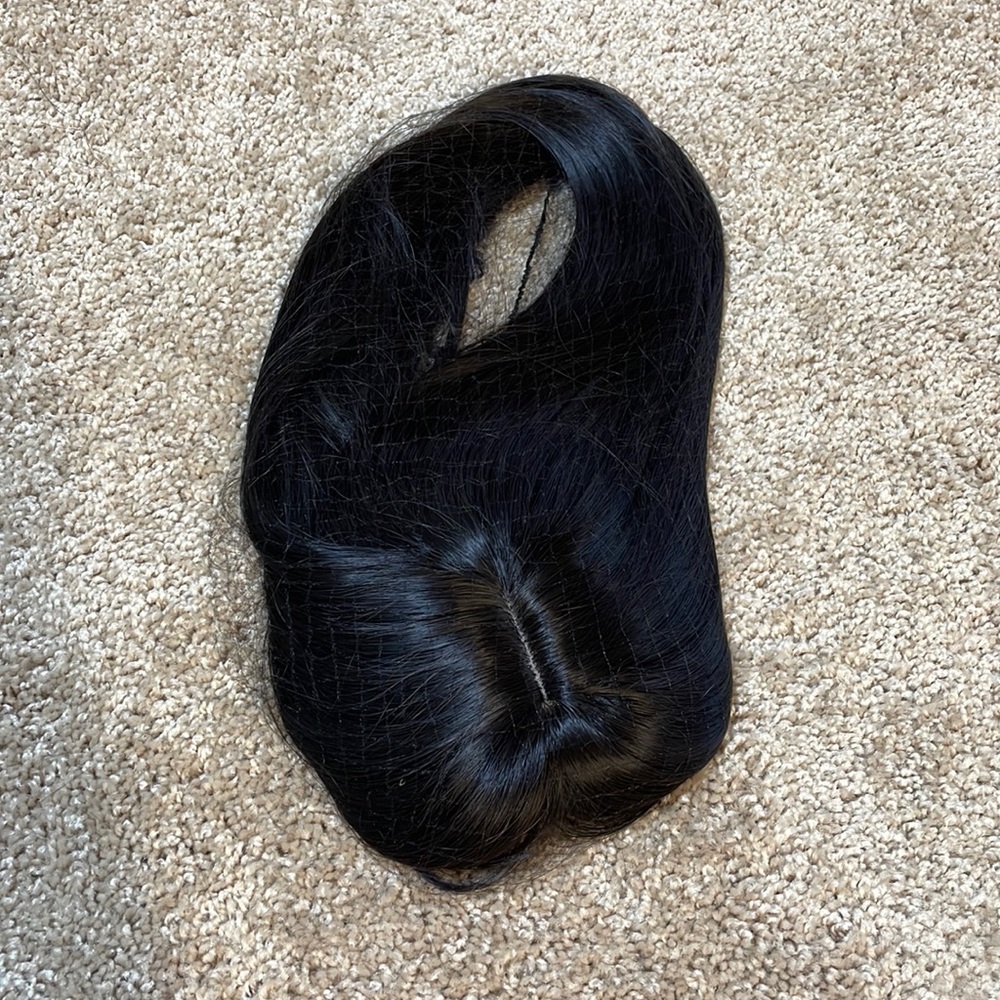 NWT 16-17”natural black brown hint straight blended human mix topper round bangs
